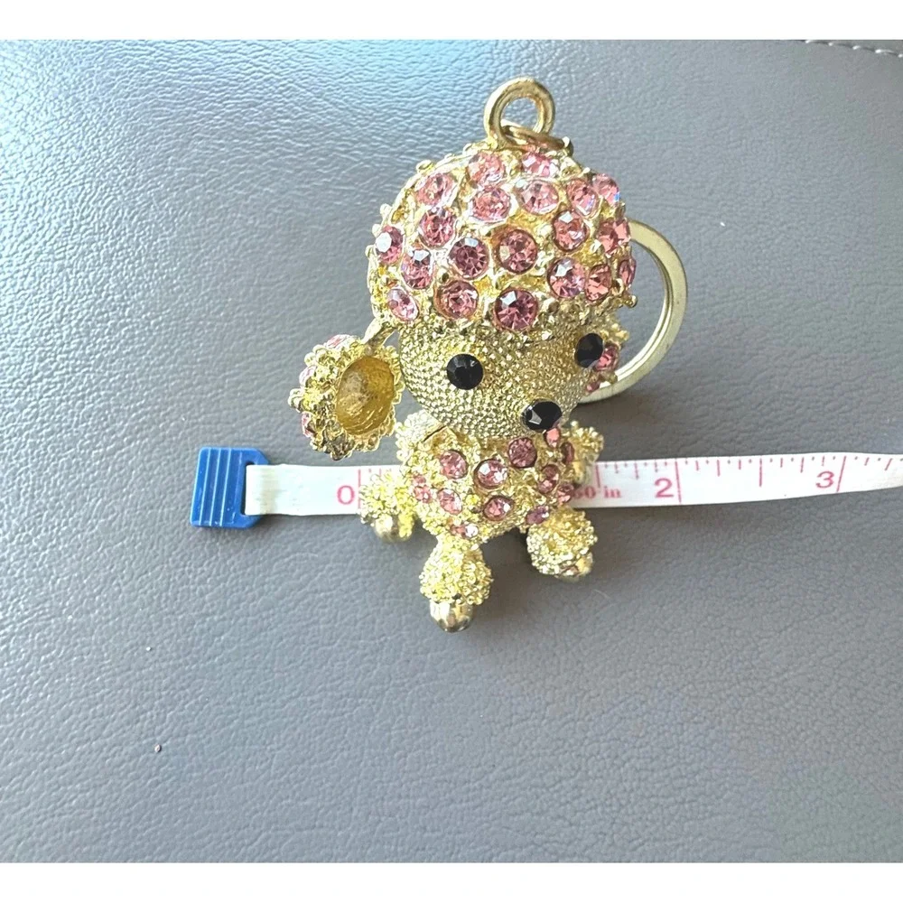 Gold Pink Rhinestone Poodle Keychain Dog Bag Charm Lobster Claw Clasp Accessory